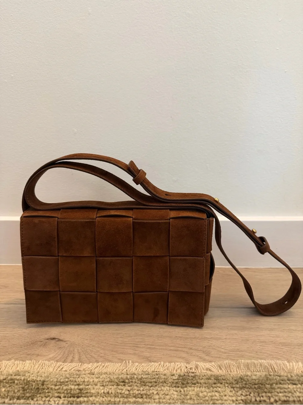 Woven Suede and Leather Crossbody Bag - Brown